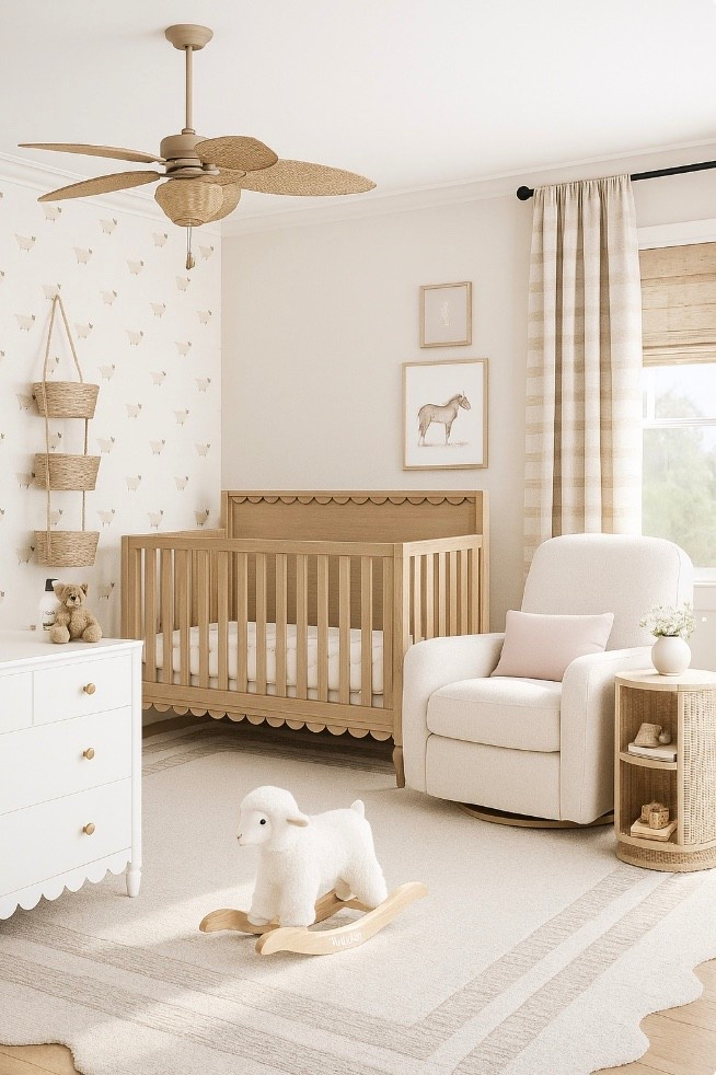 Here is the 3D visual of our recent nursery design including the scalloped trim crib, dresser, and area rug. We are love the little lamb stick-on wall decals! 🐑

#baby #home #nursery #decor #rockingchair #nurserychair #curtains #romanshade

#LTKBaby #LTKBump #LTKHome