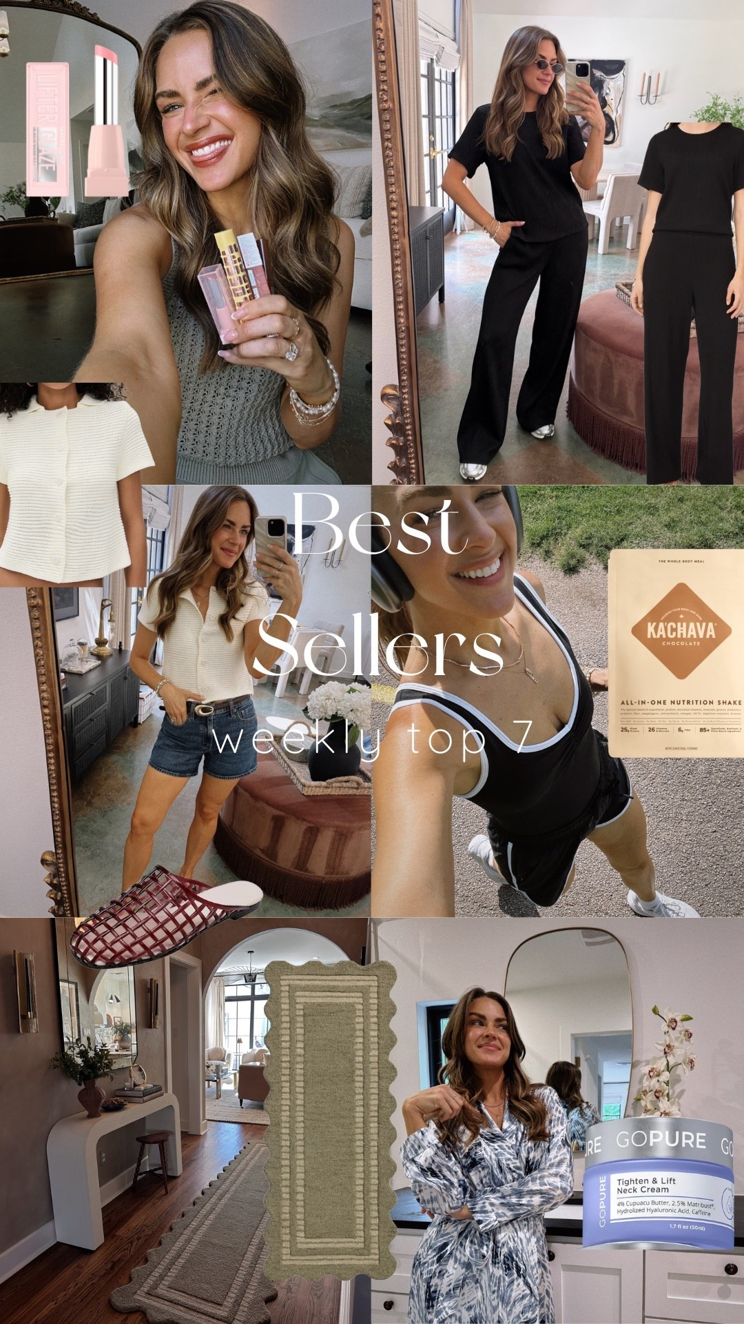 WEEKLY BESTSELLERS✨
1. Plisse Pants (included the matching top, size S in both)
2. Jelly Mules (under $40)
3. Neck Cream (the toning arm cream by this brand is another fav that is so good)
4. Ribbed Button Tee (size XS)
5. Lip Oil Balm (shades I love: Pink Drip)
6. Rug
7. Ka'Chava Shake (they gave us a discount code since you all loved so much. Code: ALOPROFILE for 15% off)