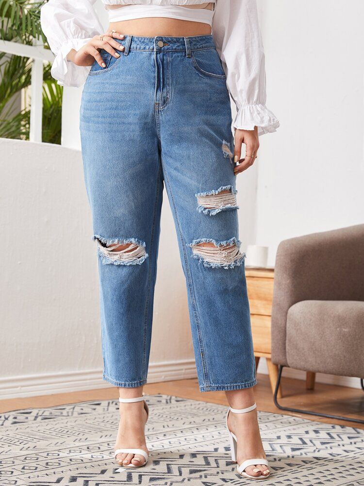 Plus High Waist Ripped Mom Cropped Jeans | SHEIN