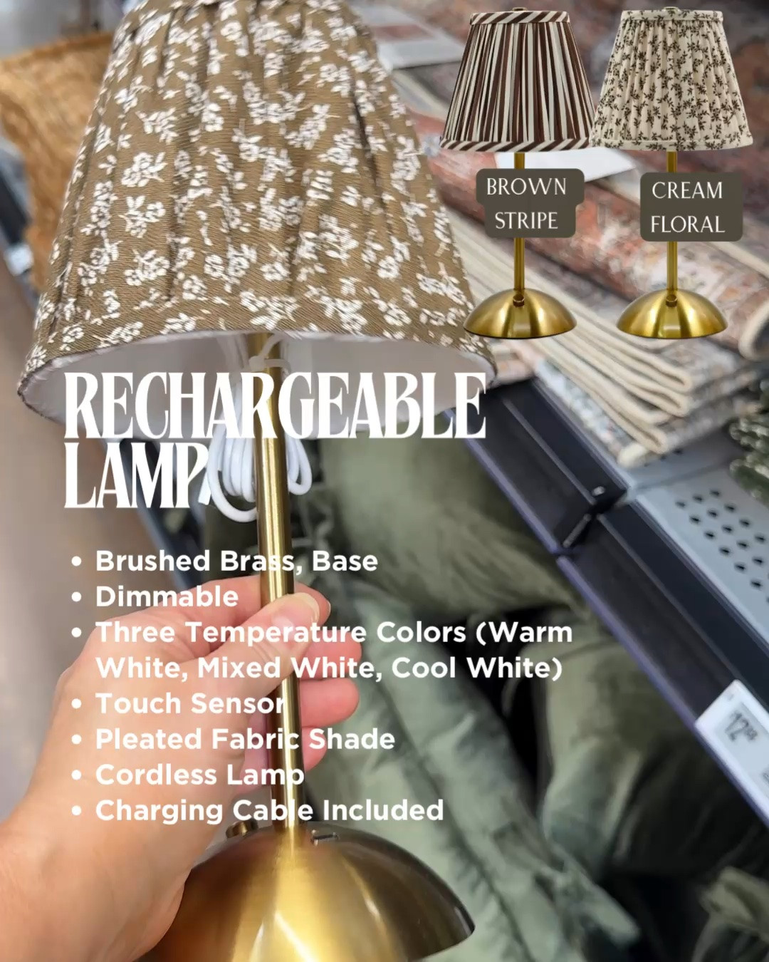 New fall home find: 
RECHARGEABLE LAMP
• Brushed Brass, Base
• Dimmable
• Three Temperature Colors (Warm-White, Mixed White, Cool White
• Touch Sensor
• Pleated Fabric Shade
• Cordless Lamp
• Charging Cable Included

Fall home decor, Walmart home, Walmart fall decor, cozy home, fall decorating, autumn decor, affordable home decor, cottage style, cozy cottage, seasonal decorating, neutral fall decor, home styling, home inspiration, fall finds, budget friendly decor, Walmart finds, home decor inspiration, autumn home, cozy living, decorating ideas  💡 @Walmart

#LTKSeasonal #LTKHome