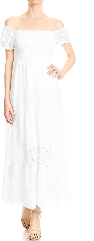 Anna-Kaci Womens Off Shoulder Boho Lace Semi Sheer Smocked Maxi Long Dress | Amazon (US)