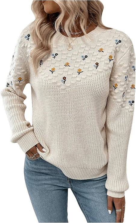 GORGLITTER Women's Fall Crochet Sweaters Lightweight Floral Long Sleeve Embroidered Knit Flower C... | Amazon (US)