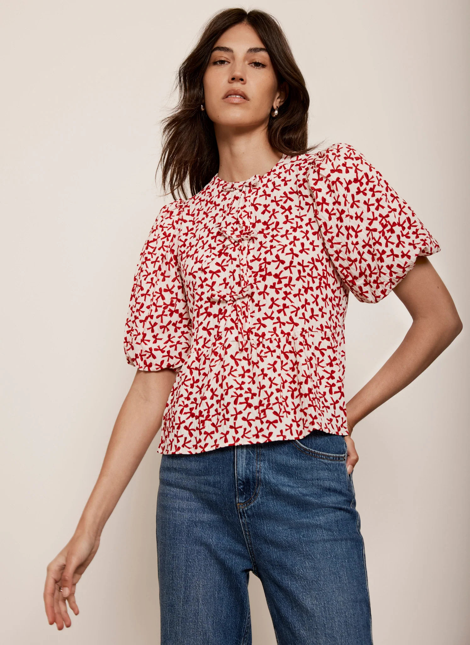 White Bow Print Puff Sleeve Top | Mint Velvet