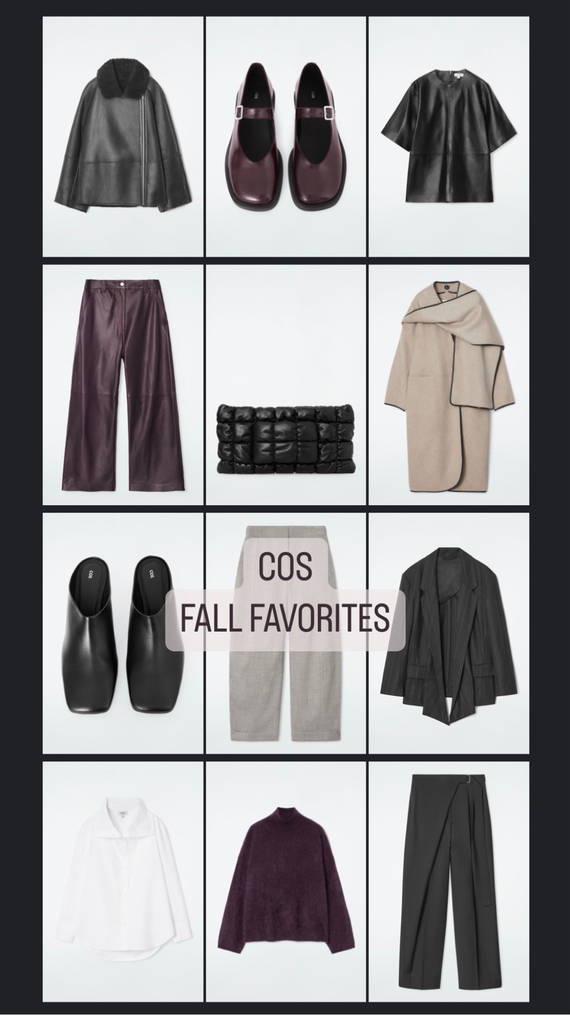 COS Fall collection. Create fall capsule with a trendy burgundy color: burgundy leather pants, black mules, burgundy/ cherry sweater are my favorites.

If some items are out of stock just hit notification button -they come back pretty often.