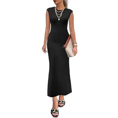MEROKEETY Women's Cap Sleeve Rib Knit Maxi Dress Crew Neck Slim Fit Bodycon… | Amazon (US)