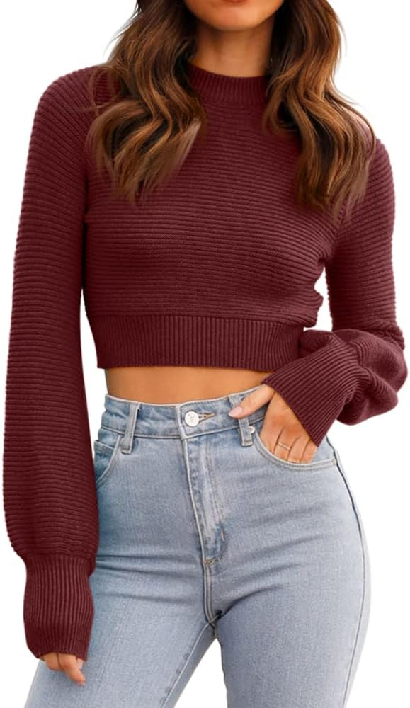 GeGekoko Womens Sexy Crew Neck Cropped Sweaters Ribbed Knit Long Sleeve Crop Tops Pullover | Amazon (US)