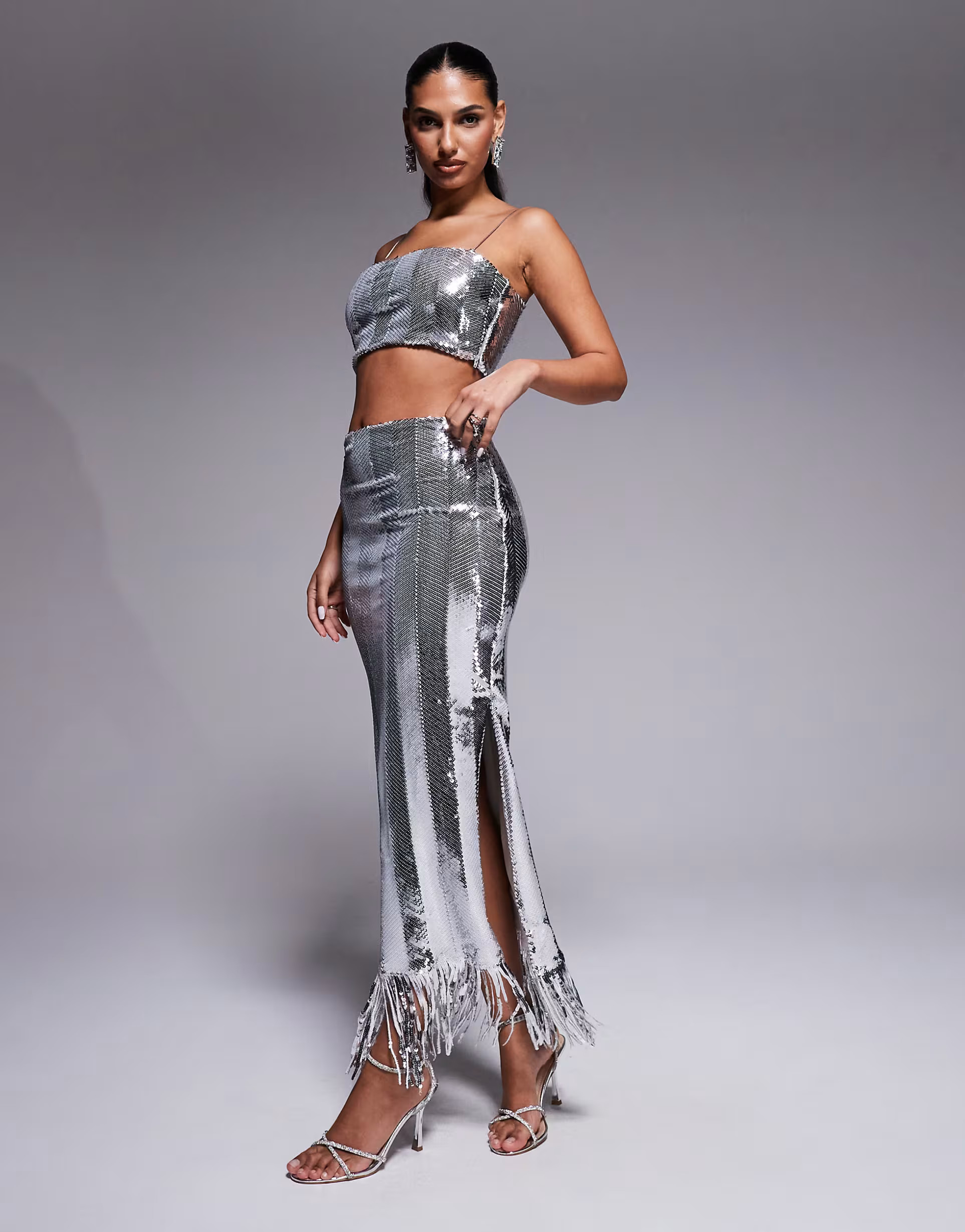 Vesper Sequin midaxi skirt in silver | ASOS (Global)