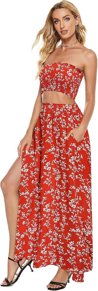 Umenlele Women's 2 Piece Outfit Floral Print Crop Top and Long Skirt Set with Pockets | Amazon (US)