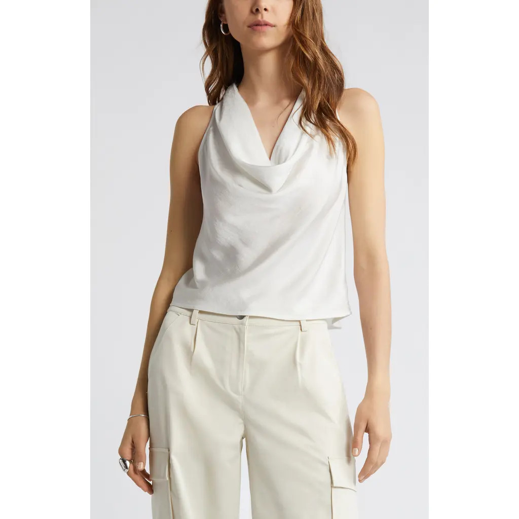 Open Edit Cowl Neck Satin Tank in Ivory Cloud at Nordstrom, Size Large | Nordstrom
