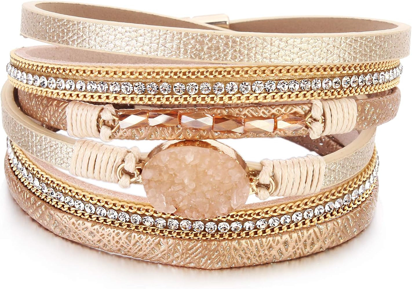 Leather Wrap Bracelet Boho Cuff Bracelets Crystal Bead Bracelet with Magnetic Clasp Jewelry Gifts... | Amazon (US)