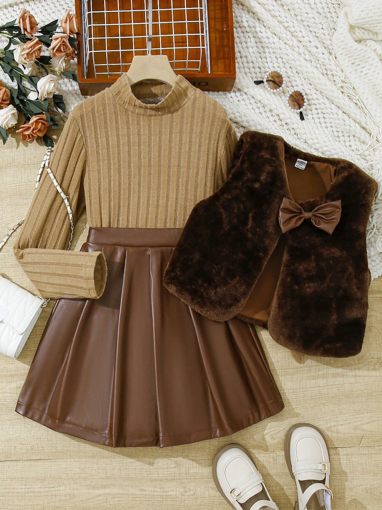 SHEIN Tween Girls' High-End Fleece Vest, Long Sleeve Pu Pleated Skirt & Coat Set, Fall/Winter | S... | SHEIN