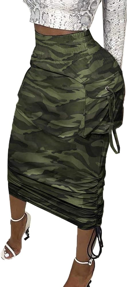 Vakkest Women's Camo Cargo Midi Skirt Elegant High Waist Vintage Dress Slit Front Ruffle Long Bod... | Amazon (US)