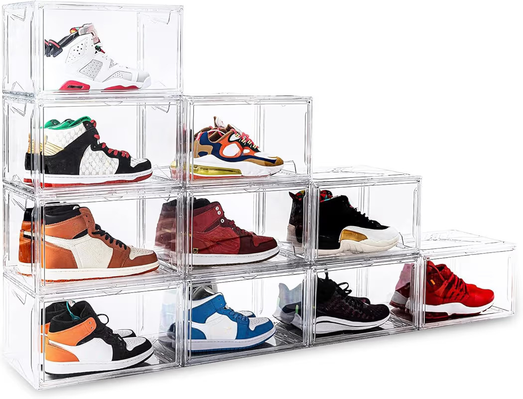 KDOR Shoe Box Clear Plastic Stackable for Sneakers,Closet,Hat. 10 Pack Sneaker Storage Boxes with Magnetic Door, Acrylic Display Case, Strong and Sturdy Fit Shoe Size Up to US 15 | Amazon (US)