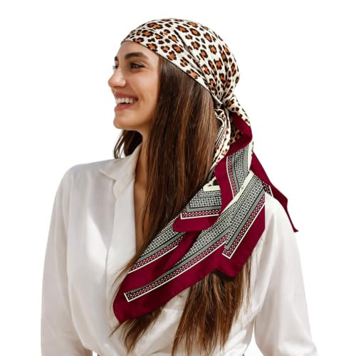 Giomos Head Scarf for Women, Satin Hair Scarf Like Silk Bandana, 35" Large Square Scarf for Beach Vacation Summer, Printed Fashion Hairscarf, Cream_Burgundy_Black | Amazon (US)