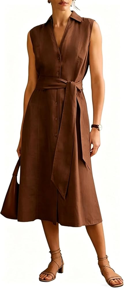Women's Linen Collared Shirt Dress - V Neck Sleeveless Button Down Midi Dress with Waist Belt | Amazon (US)