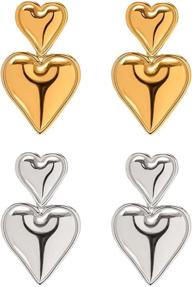 2 Pairs Gold Silver Heart Drop Earrings Double Heart Statement Dangle Earrings Heart Stud Earrings G | Amazon (US)