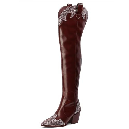 MUCCCUTE Cowboy Boots for Women Burgundy Thigh High Boots - Fashion Cowgirl Over The Knee Boots with Rhinestone - Pointed Toe Chunky Heels Side Zipper Fall Tall Boots for Ladies | Amazon (US)