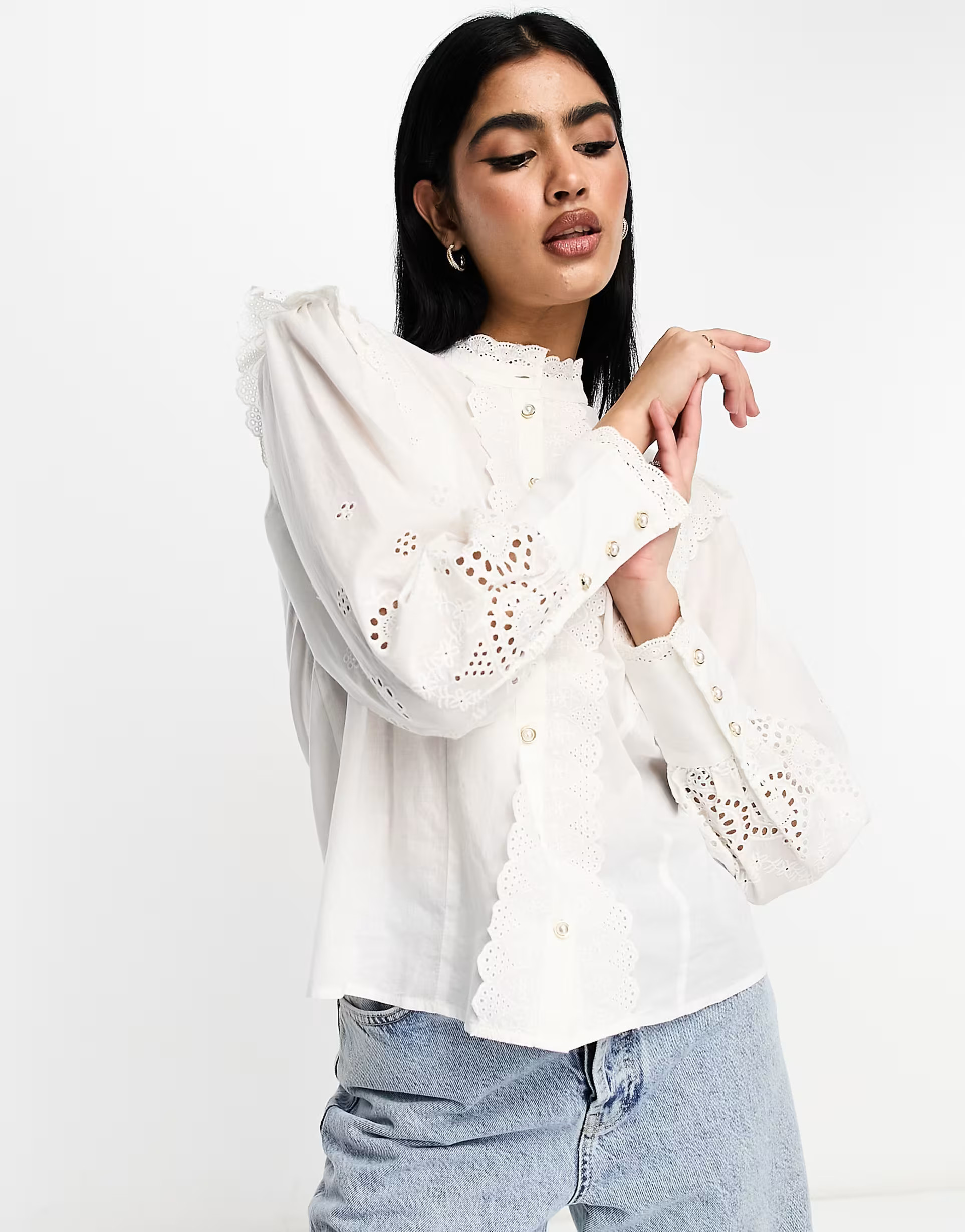 Vila broderie high neck blouse with frill detail in cream | ASOS (Global)