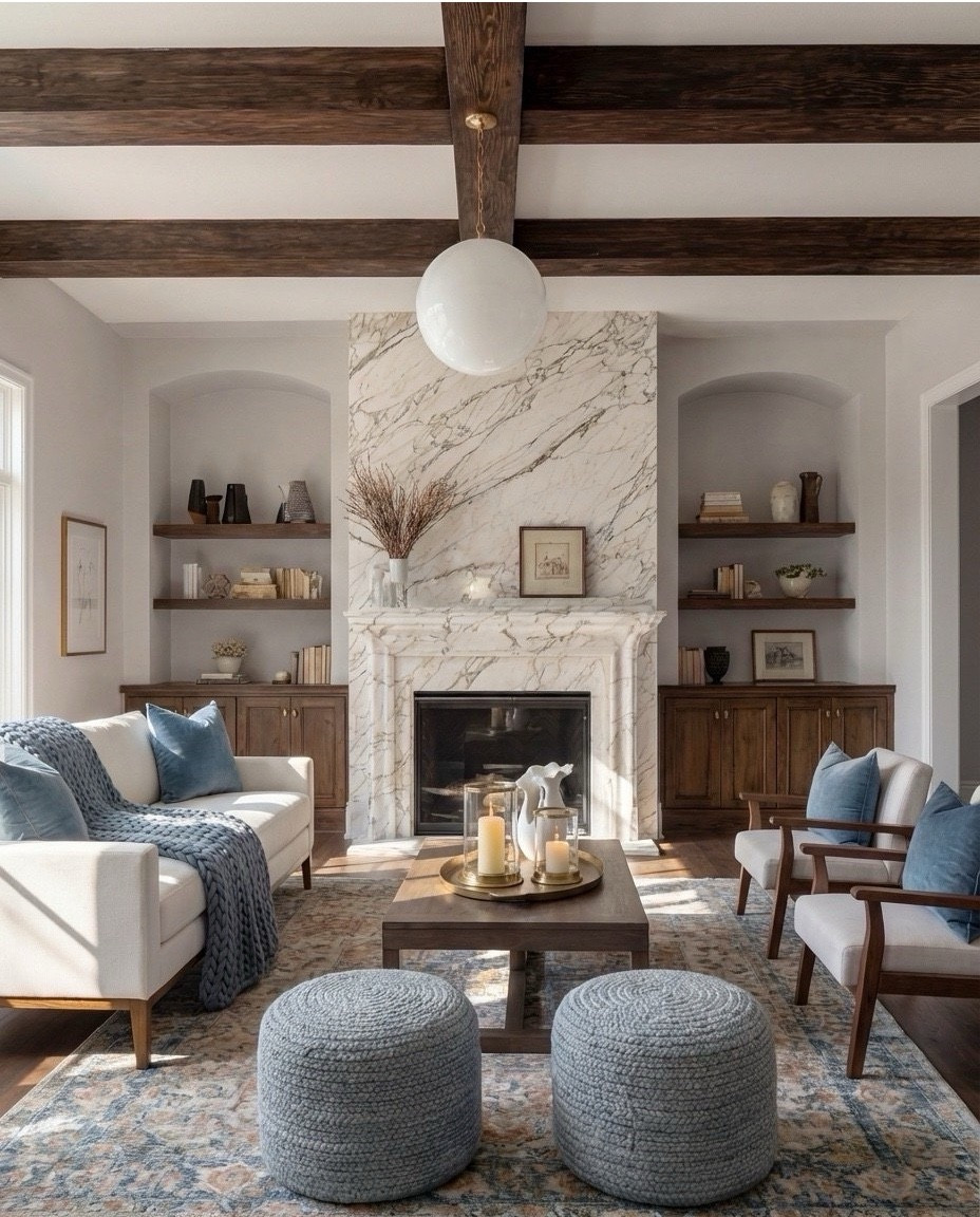 Shop the Look:
• Cream upholstered sofa
• Blue knit throw blanket
• Blue textured throw pillows
• Round knit ottomans
• Wood armchairs with cream cushions
• Marble fireplace surround
• Wood coffee table
• Ribbed wood side tables
• Neutral patterned area rug
• Ceramic vases + candle 

#LTKSaleAlert #LTKHome