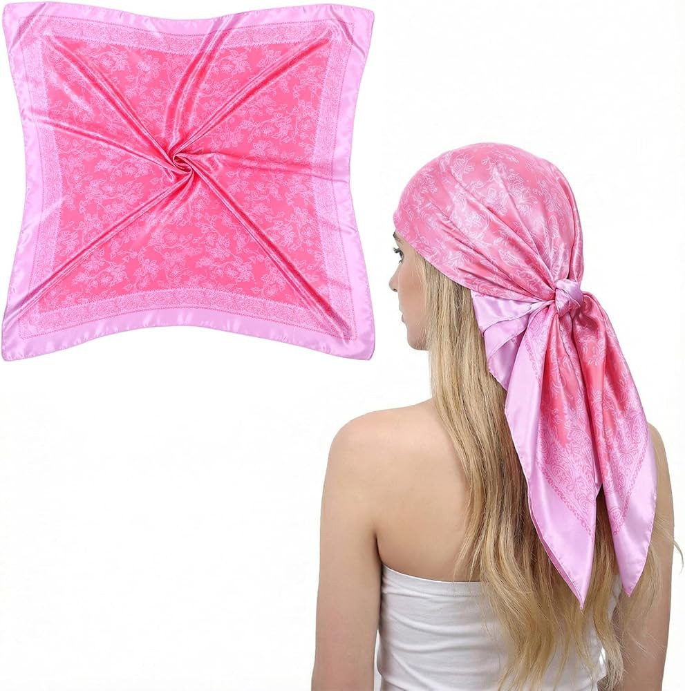 Square Pink Head Scarf, 35in Polyester Hair Scarf Flower Pink Bandana Satin Silk Hair Wrap Neck S... | Amazon (US)