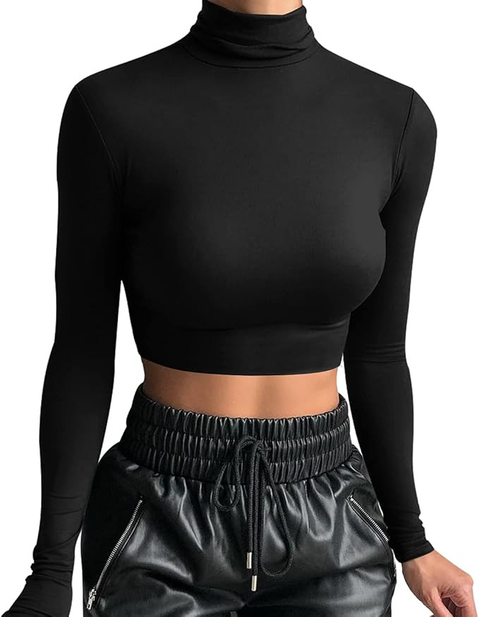 LCNBA Women's Long Sleeve Crop Top Turtleneck Sexy Basic Cropped Tops Shirt | Amazon (US)