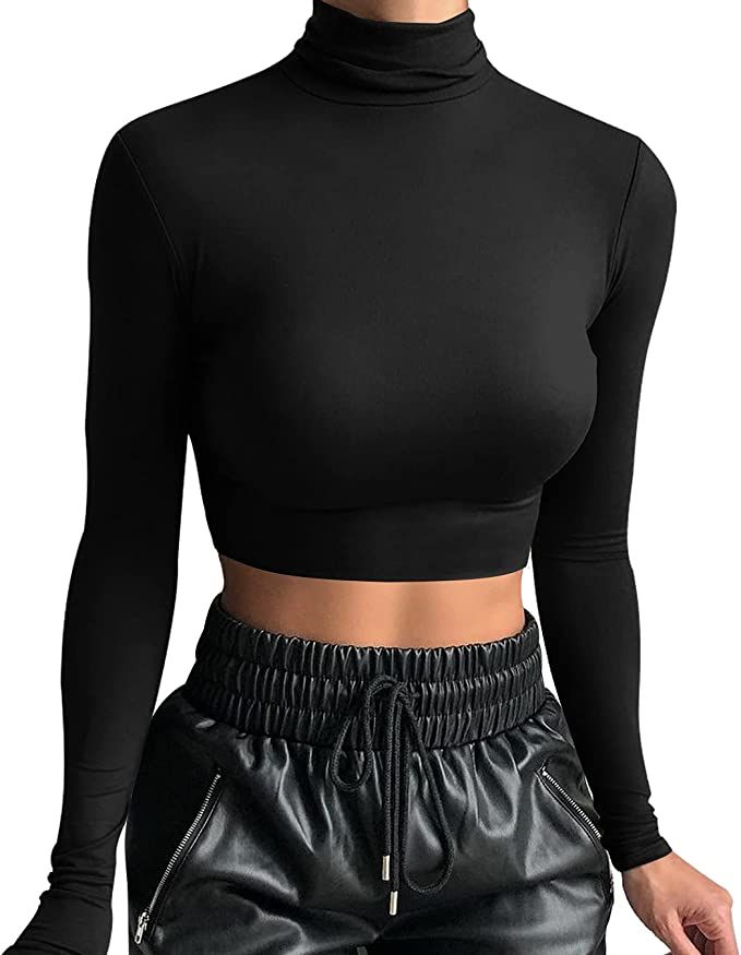 LCNBA Women's Long Sleeve Crop Top Turtleneck Sexy Basic Cropped Tops Shirt | Amazon (US)