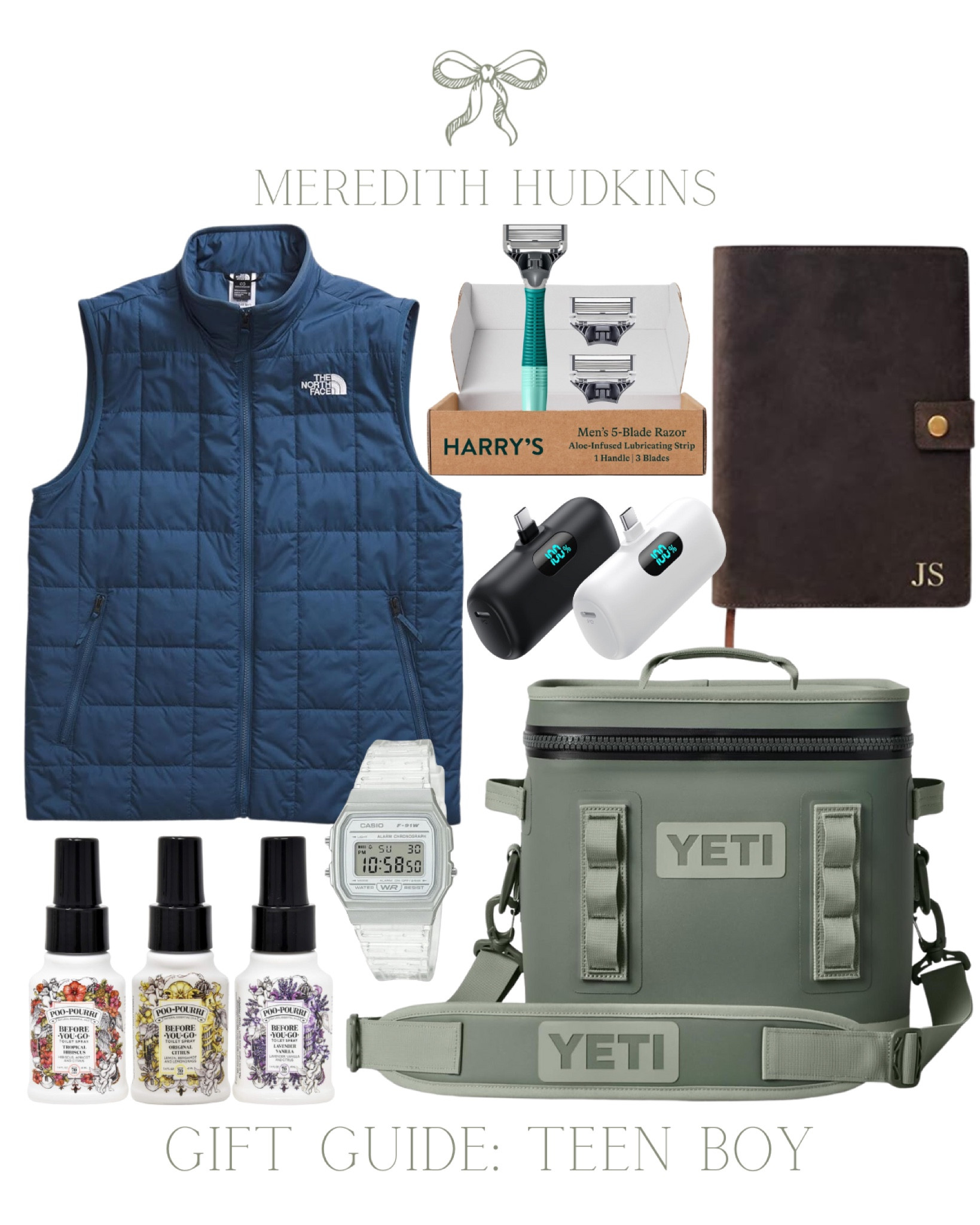 gift guide for teen boys. gifts for teen boys, holiday gift guide, meredith hudkins, amazon gift guide, north face mens vest, yeti cooler, monogrammed leather journal, harrys razors, casio watch


#LTKKids #LTKGiftGuide #LTKMens