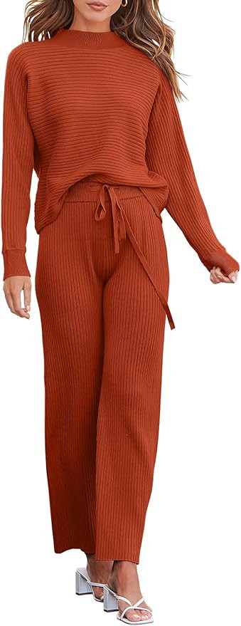 ANRABESS Women's Two Piece Outfits Batwing Long Sleeve Crop Top & Ribbed Knit Wide Leg Pants Loun... | Amazon (US)