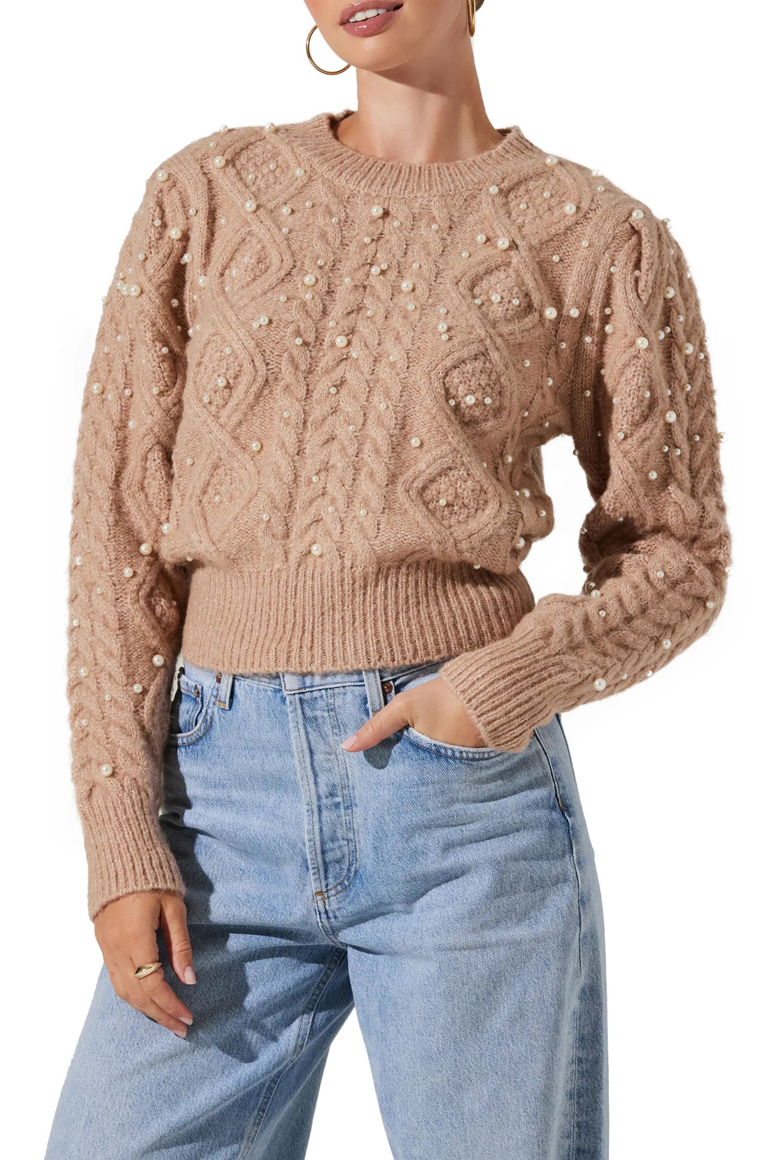 Imitation Pearl Embellished Cable Stitch Sweater | Nordstrom
