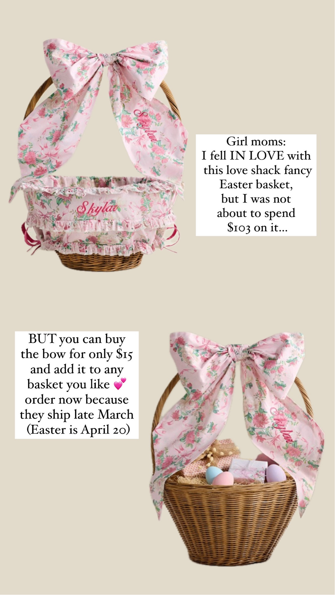 I bought the bow for all the girl
Cousins in the family and I’m having my aunt embroider them. I can’t wait to see the girls at Easter with them. Not to mention they’re a total keepsake and can be repurposed! Linked the bow and the fully made basket as well. 

Custom Easter baskets, Easter basket for girls, girl Easter ideas, Easter gift ideas, loveshackfancy, pottery barn Easter 

#LTKStyleTip #LTKFamily #LTKKids