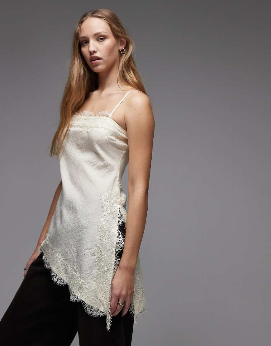 ASOS DESIGN longline asymmetric lace trim cami in oyster-Multi | ASOS (Global)