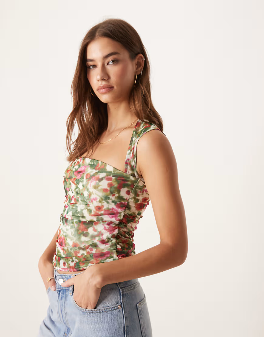 Abercrombie & Fitch square neck ruched sleeveless top in floral-Multi | ASOS (Global)
