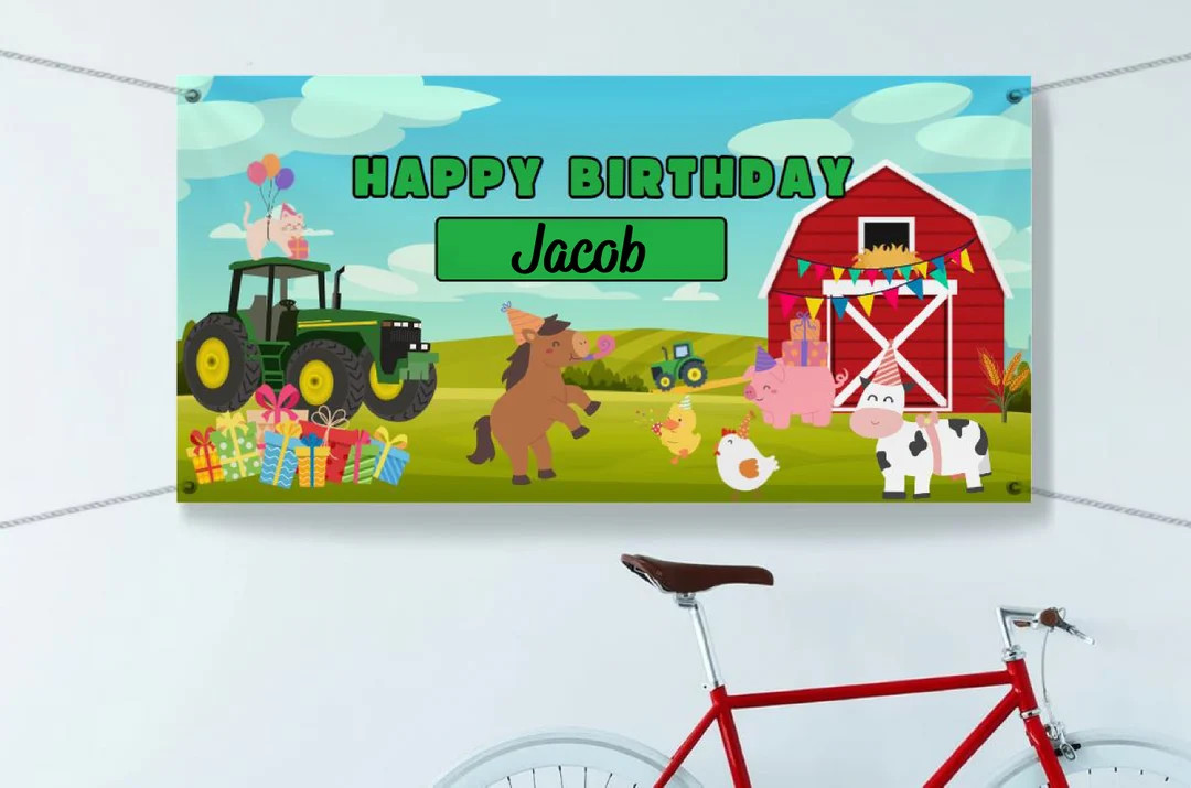 Personalized Birthday Banner with Farm Animals & Tractor, Custom Kids Happy Birthday Party Decor ... | Etsy (US)