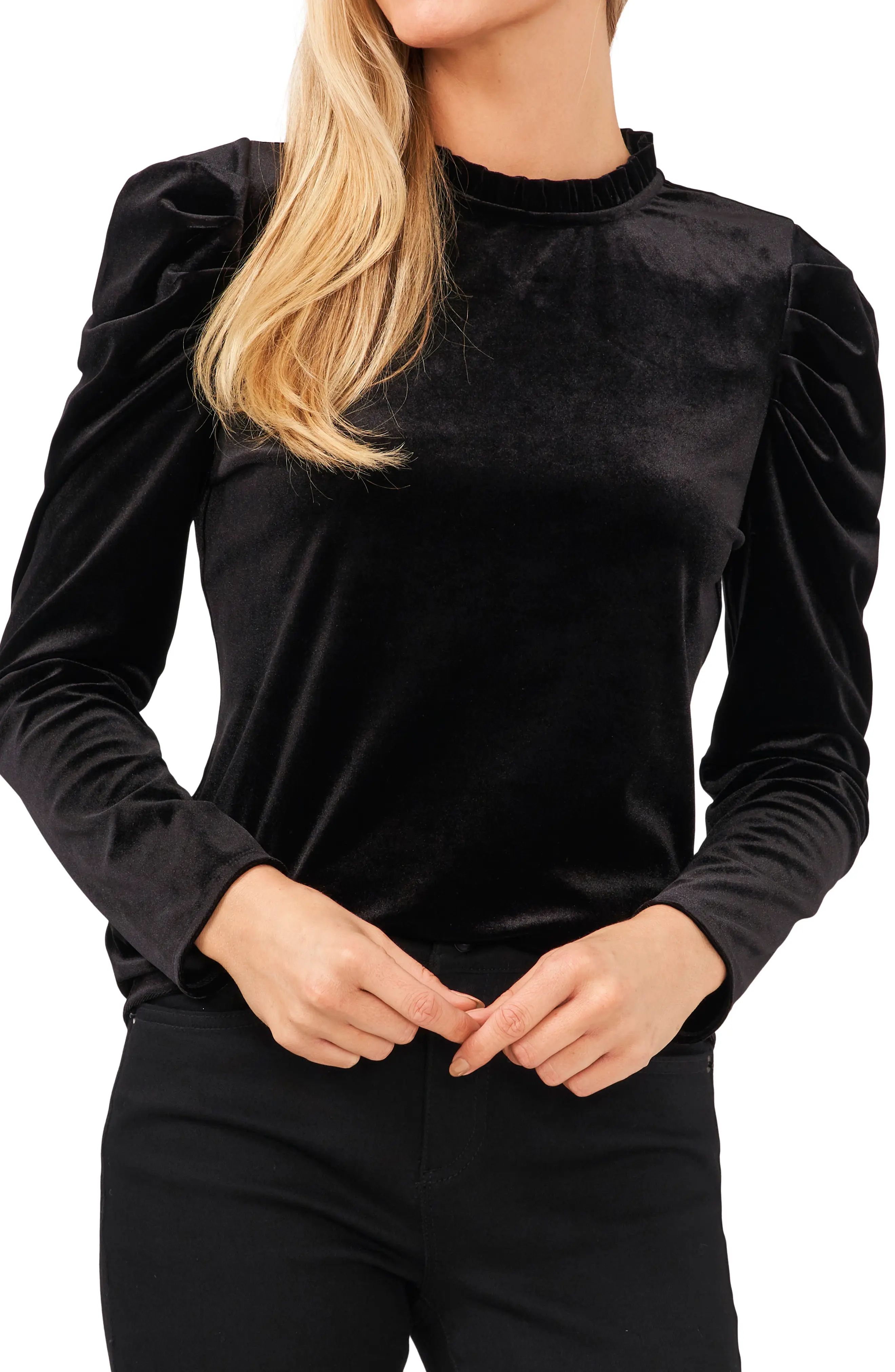 CeCe Velvet Puff Sleeve Top in Rich Black at Nordstrom, Size X-Large | Nordstrom