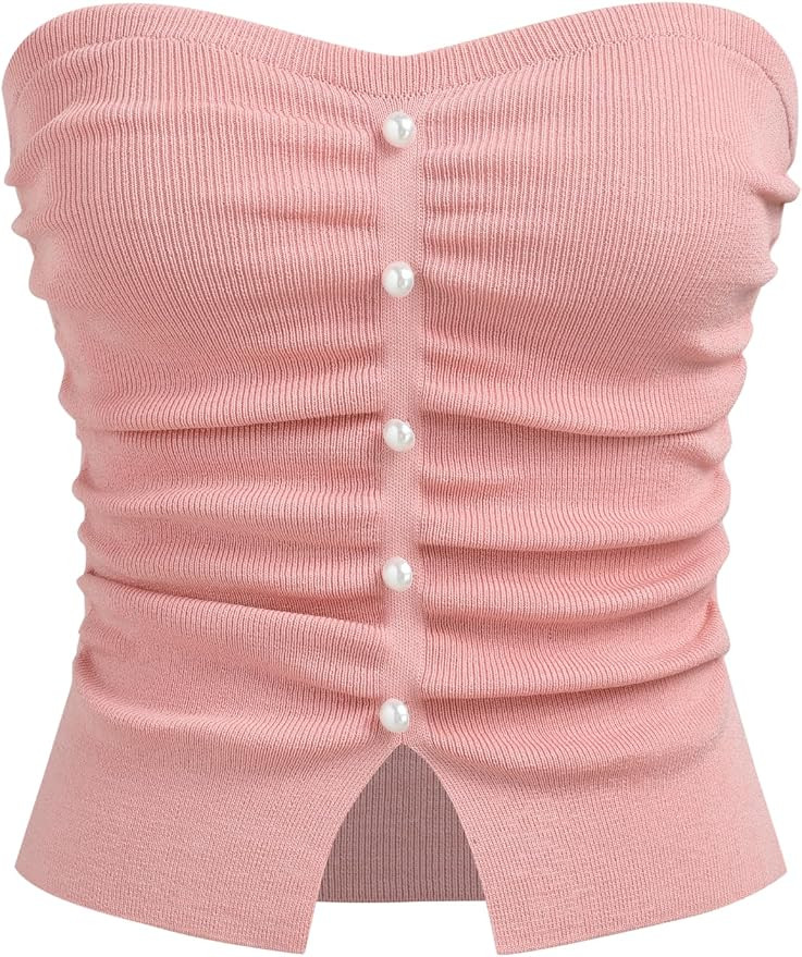 CIDER Faux Pearl Tube Tops for Women Crop Knit Split Hem Ruched Going Out Tops Cute Summer Outfit... | Amazon (US)