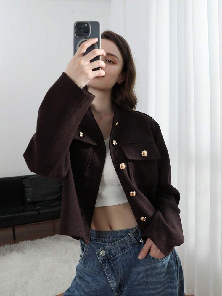 Chaquetas De Otoño Para Mujer, Color Rojo Vino, Cuello Redondo, Mangas Largas, Bolsillos, Abotonadura Sencilla, Abrigo Casual De Moda Para Mujer | SHEIN