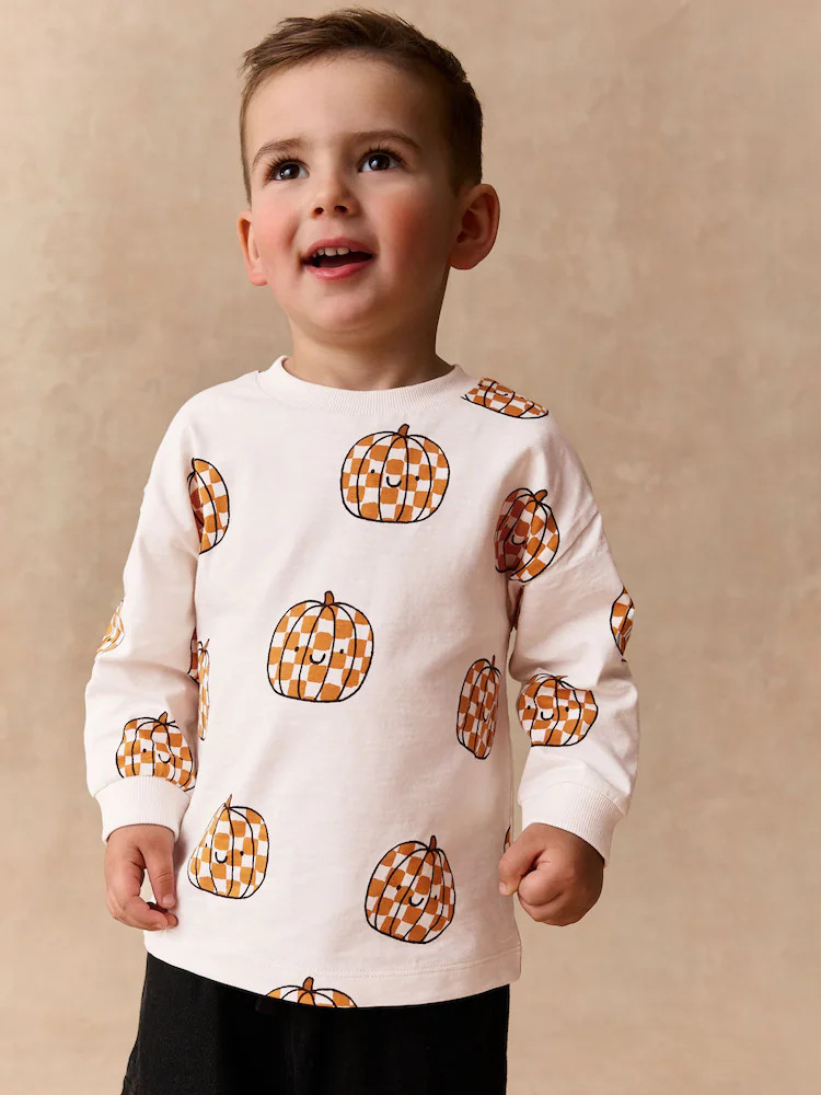 Cream Halloween Checkerboard Pumpkin Long Sleeve Back Graphic T-Shirt (3mths-7yrs) | Next US