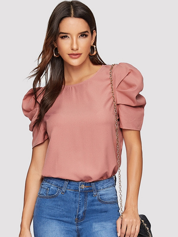 SHEIN Button Keyhole Back Puff Sleeve Top | SHEIN