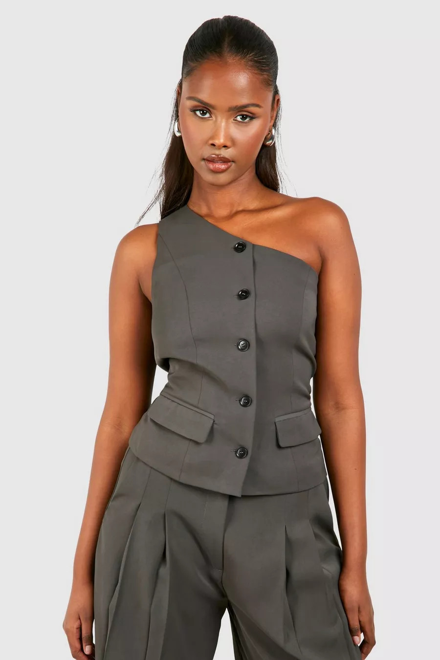 One Shoulder Contrast Button Vest | boohoo (US & Canada)