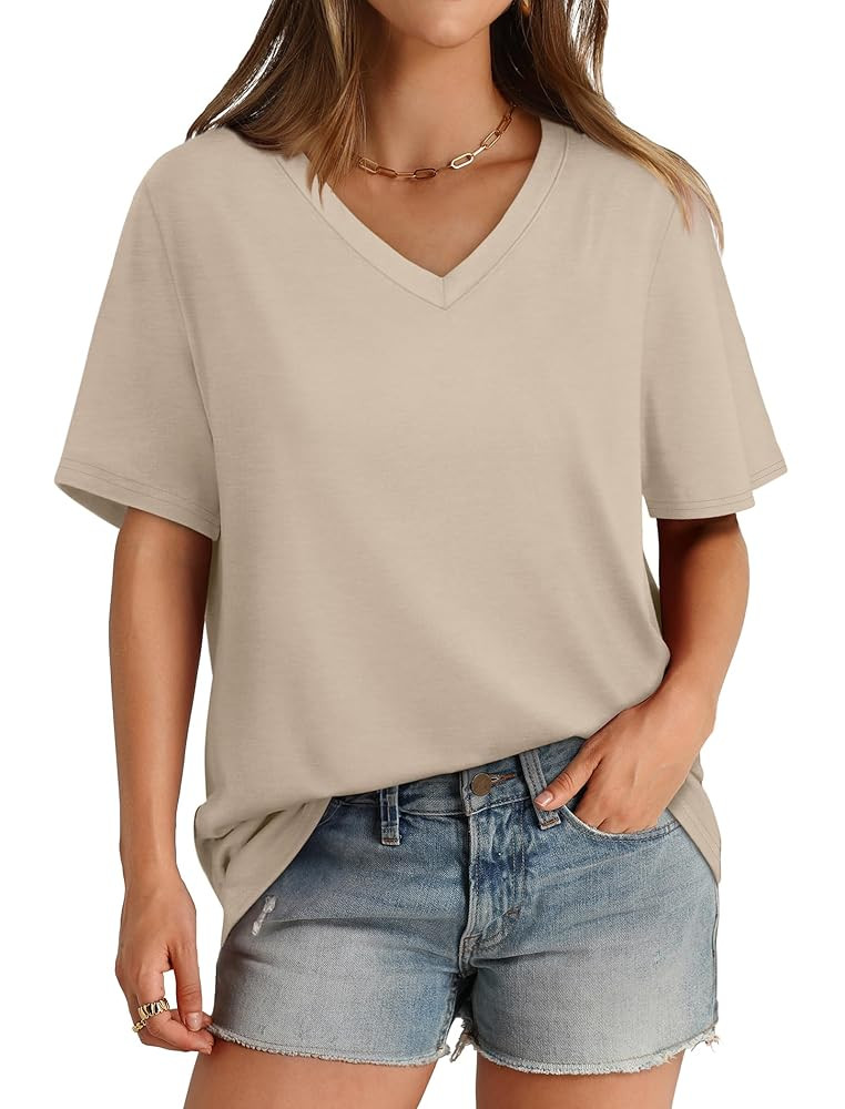 Aokosor Womens V Neck Short Sleeve T Shirts Summer Tops 2025 Casual Loose Tees Trending Now S-4XL | Amazon (US)