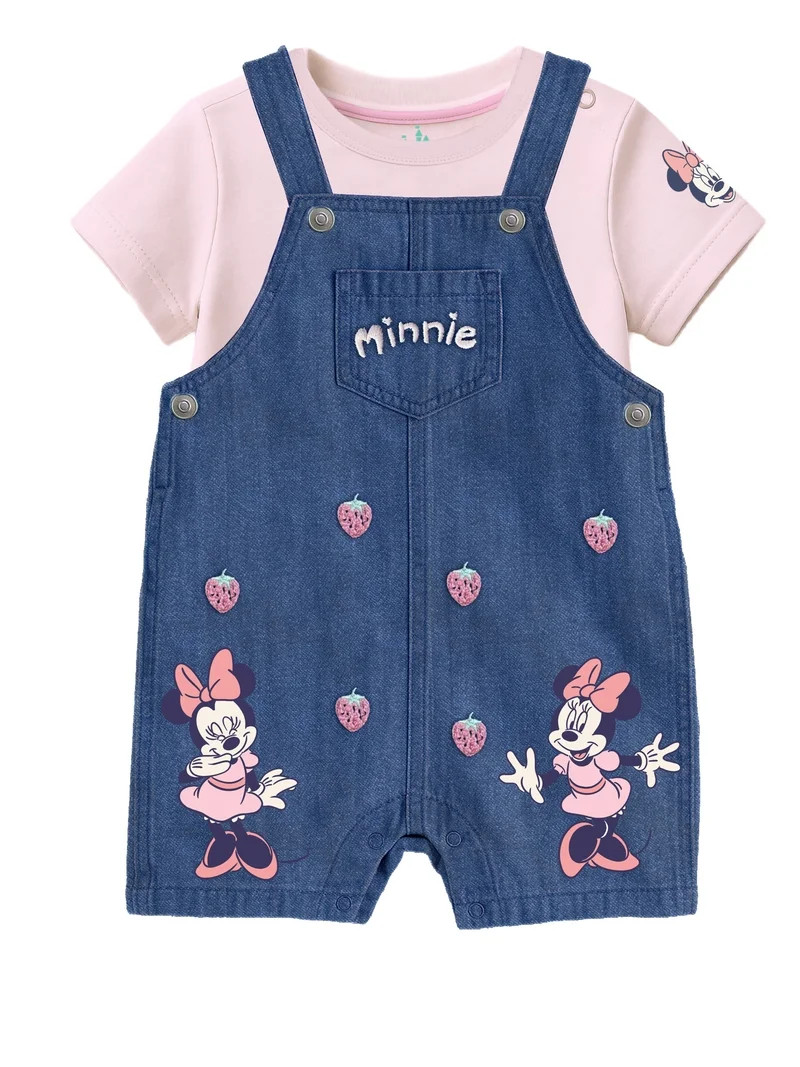 Minnie Mouse Baby Girl 2 Piece Shortall Set, Sizes 0-24 Months | Walmart (US)