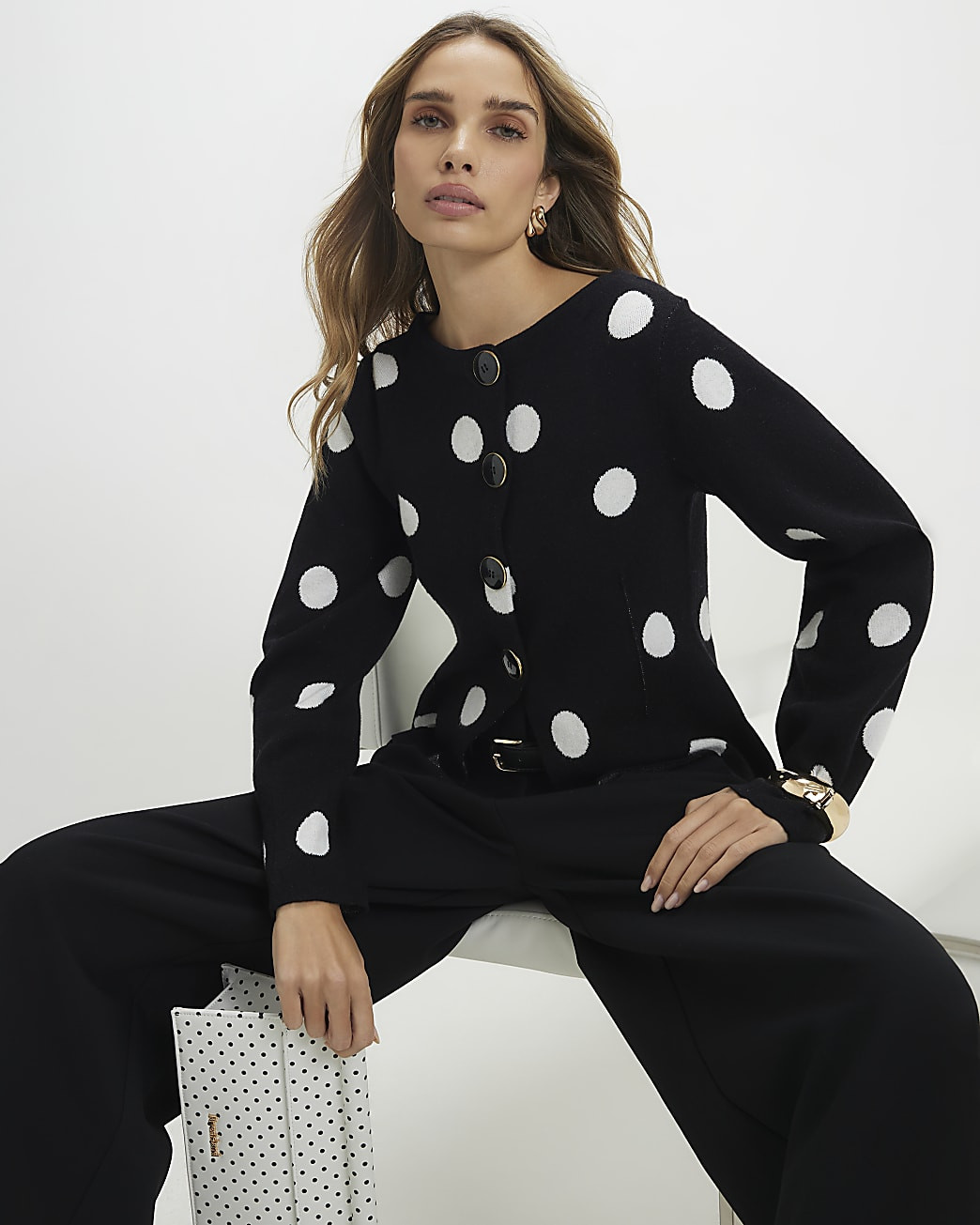 Black Structured Spot Print Cardigan | River Island UK & IE