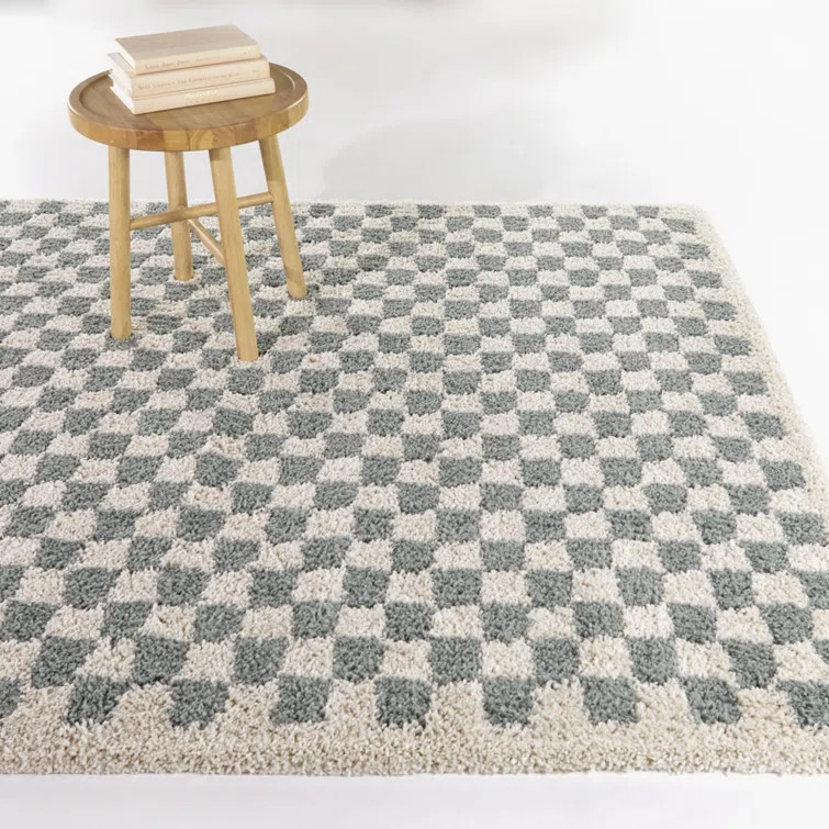 Aiylah Walker Checkered Sage/Cream Plush Shag Area Rug | Wayfair North America