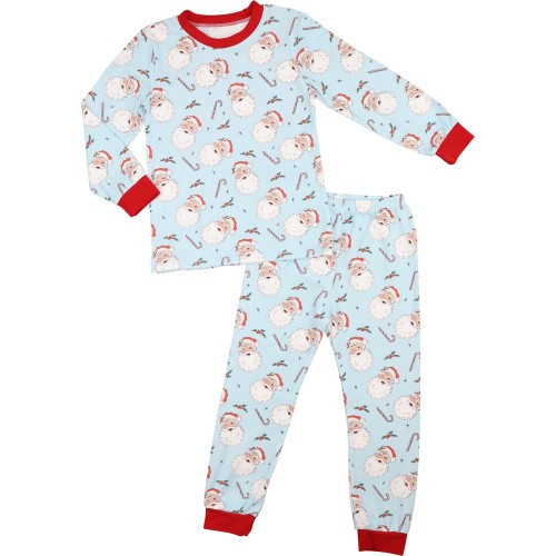 Blue Knit Vintage Santa And Candy Cane Pajamas - Shipping Early November | Cecil and Lou