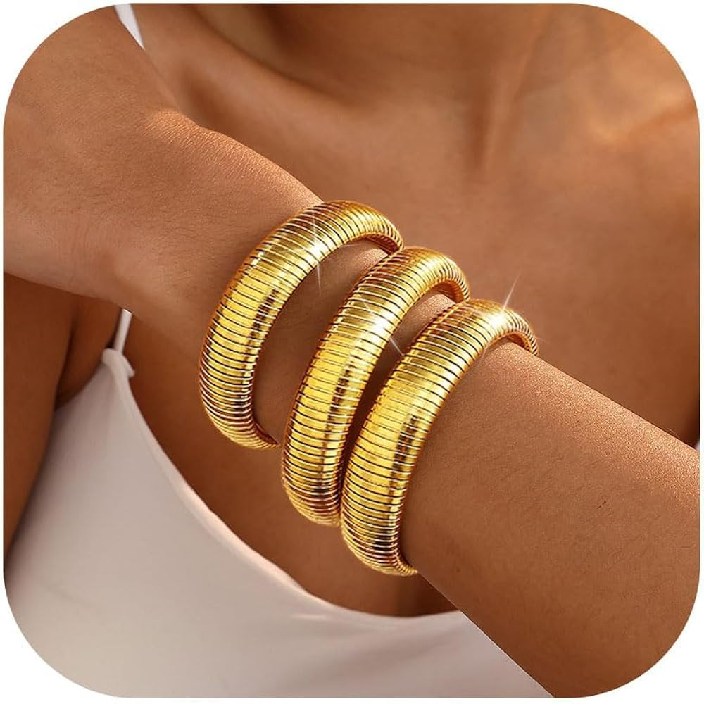 Gold Bangles for Women Set of 3 Chunky Stretch Bangles Bracelets 24K Gold Plated Stainless Steel ... | Amazon (US)
