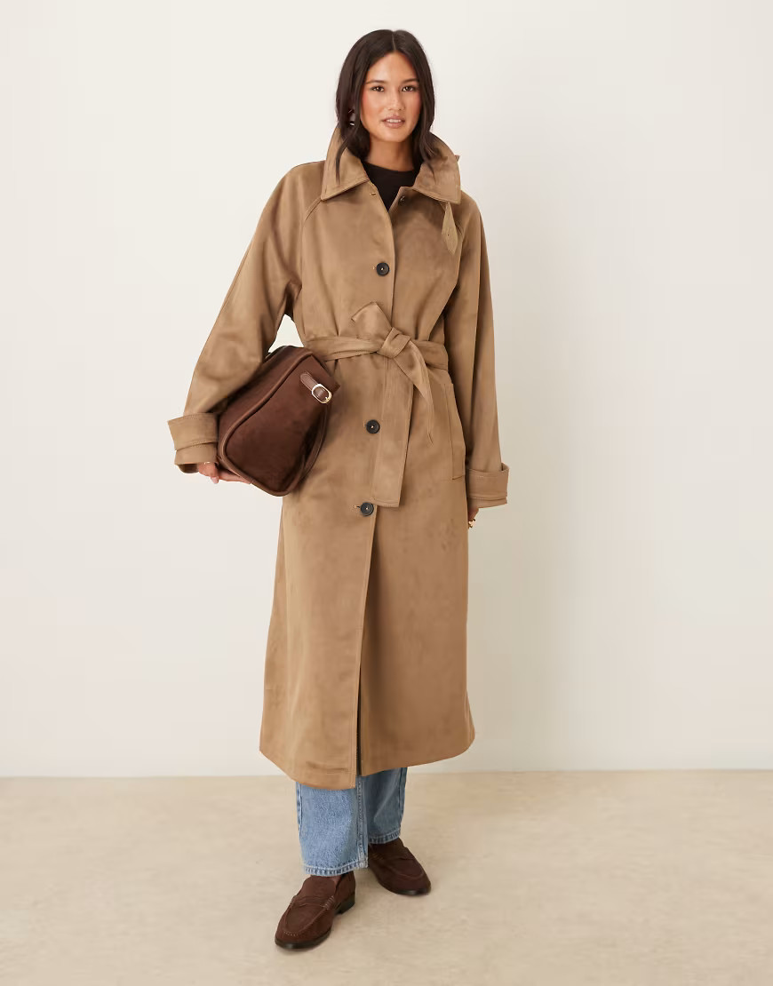 ASOS DESIGN faux suede funnel neck trench coat in stone-No color | ASOS (Global)