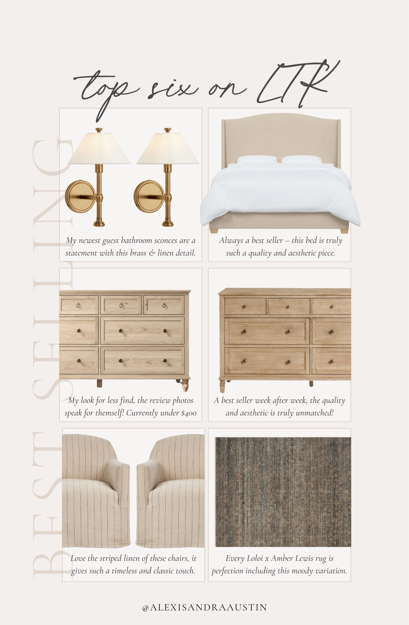 This week’s top six best sellers on LTK! From bedroom favorites to the best look for less finds, see all the things trending and quality finds week after week!

Home finds, neutral home inspo, furniture favorites, best sellers, neutral wood tones, brass detail, statement lighting, dresser favorites, linen upholstered bed, linen upholstered chair, stripe detail, vintage inspired area rug, Wayfair, summer refresh, Loloi, Amber Lewis, Rejuvenation, Pottery Barn style, Lumens, Kathy Kuo home, bedroom refresh, living room refresh, shop the look!

#LTKSeasonal #LTKHome