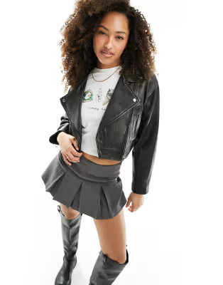 Stradivarius STR real leather moto jacket in washed black | ASOS (Global)