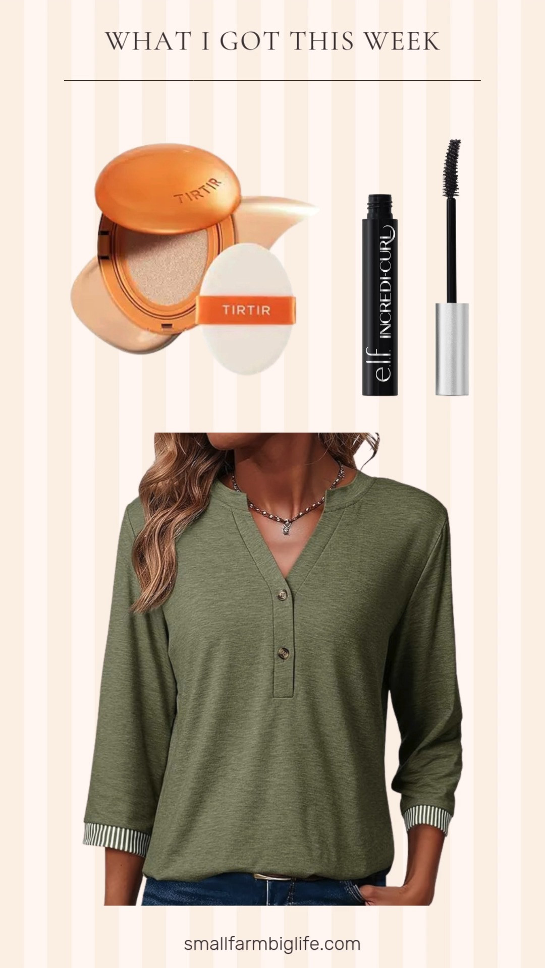 e.l.f. Incredi-Curl Mascara, Volumizing Mascara in Soft Black

TIRTIR Mask Fit Ai Filter Cushion Foundation in #22N Shell Beige

3/4 Length Sleeve Top in Army Green Size Large 

 #LTKstorytime #LTKOver40 #LTKBeauty