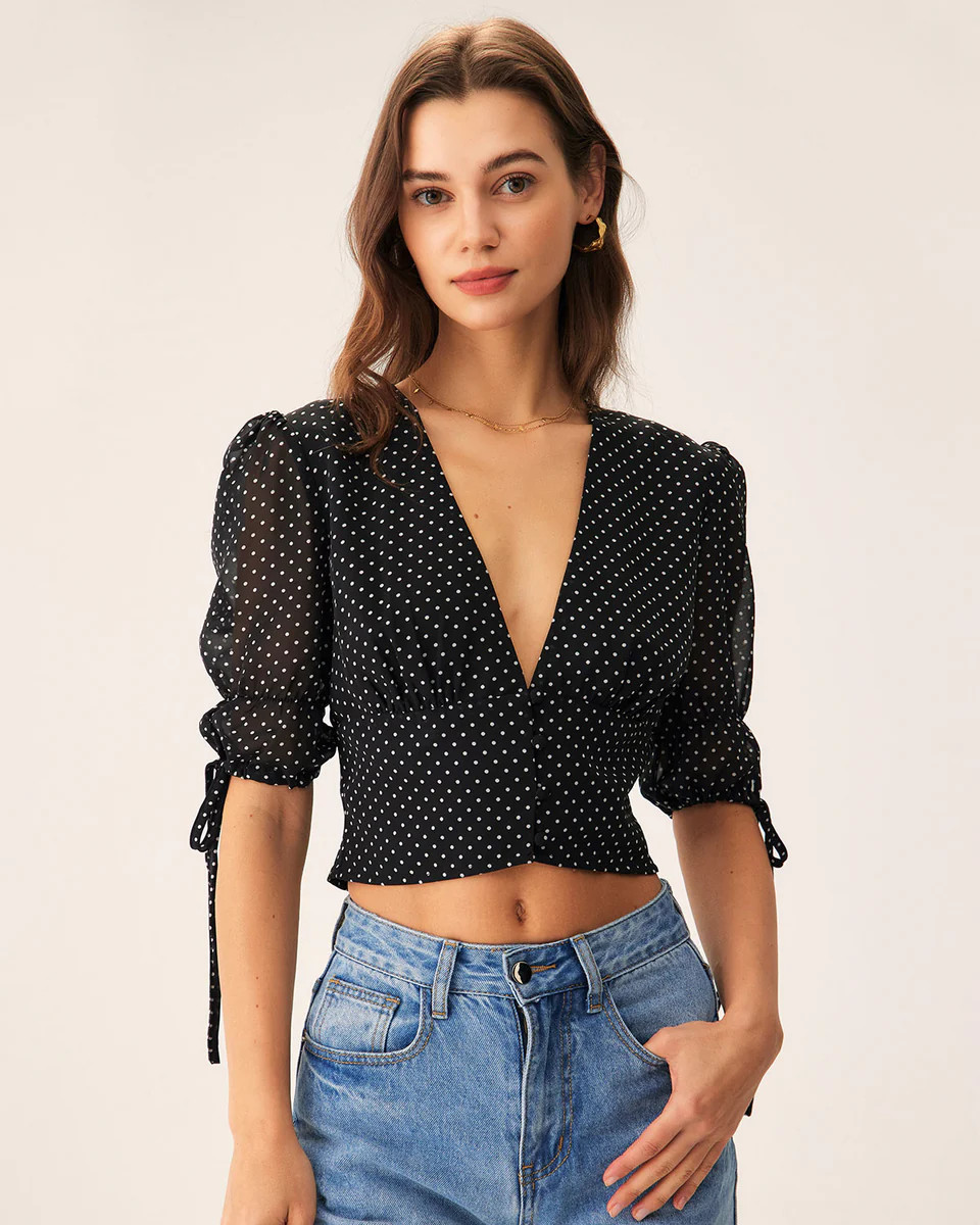 Black V-Neck Polka Dot Blouse | rihoas.com